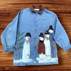 Vintage A Denim Shop Hand Painted Snowman Barn Jacket Sz 1X Art to Wear Holiday